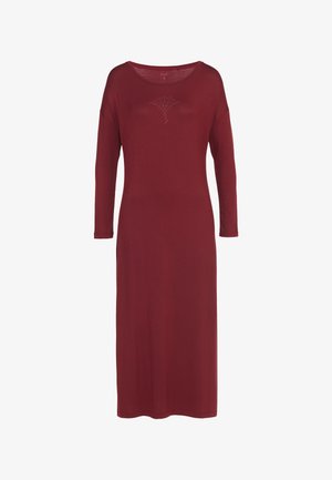 Bordeaux rode jurk met lange mouwen, gemaakt van gladde stof, met een ronde halslijn en een decoratief ontwerp van strass-steentjes op de borst.