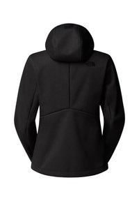 Svart huva jacka med en slät textur, med en subtil logotyp på baksidan, som visar ett åtsittande designs och sömnadsdetaljer.