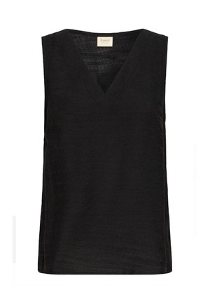 Black sleeveless top made of textured fabric, featuring a V-neckline and loose fit. Simple design with clean lines and no embellishments.