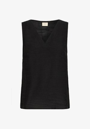 Melna bez piedurknēm brīvā piegriezumā, izgatavota no tekstūras auduma. Ar V veida kakla izgriezumu un vaļīgu piegriezumu. Vienkāršs dizains ar tīrām līnijām un bez rotājumiem.