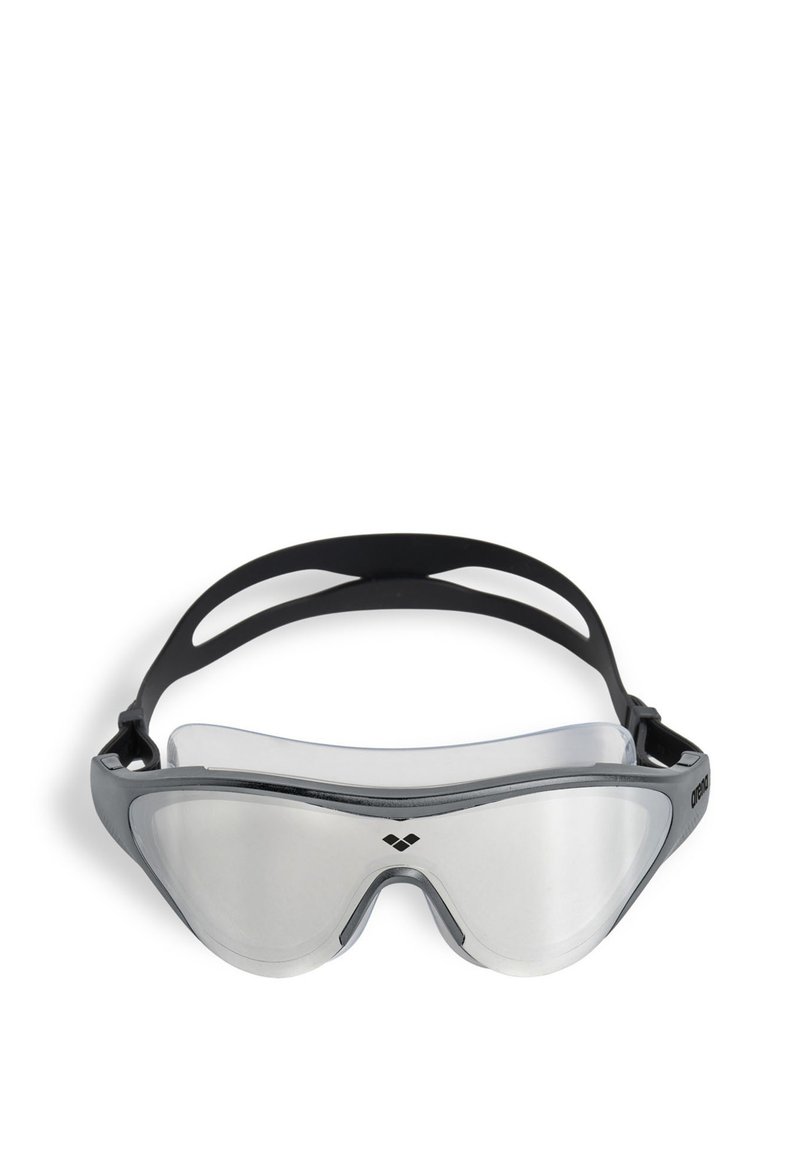 Gafas de natación con un marco de goma negra, lente transparente y una correa flexible. Cuenta con un diseño ergonómico para un ajuste seguro.