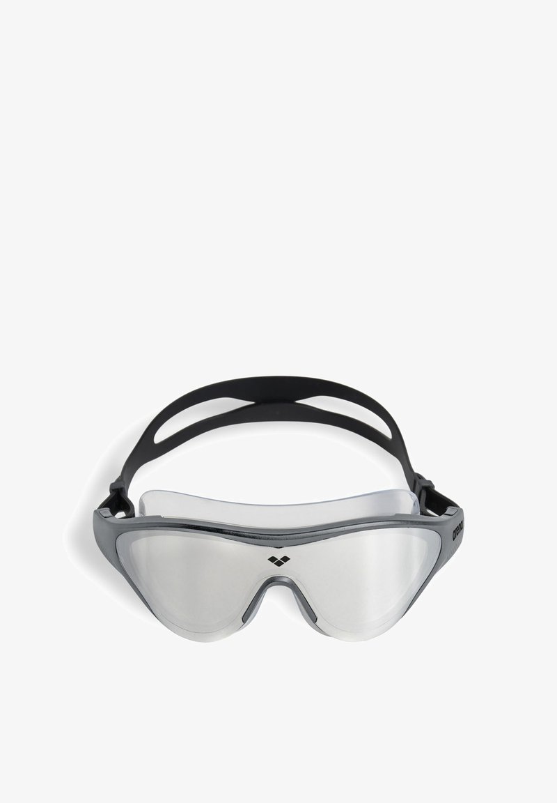 Gafas de natación con un marco de goma negra, lente transparente y una correa flexible. Cuenta con un diseño ergonómico para un ajuste seguro.