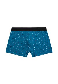 Calzoncillos bóxer azules para hombre con cintura negra y patrón de pequeños huesos de pescado multicolores dispersos por la tela.