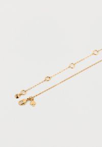 Αλυσίδα από μέταλλο με χρυσό τόνο που διαθέτει δύο σειρές, η μία με κυκλικούς κρίκους και διακοσμητικά γούρια, συμπεριλαμβανομένου ενός σπαθιού και ενός κυκλικού μενταγιόν.