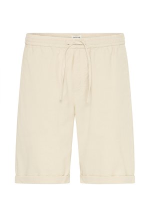 Beige Baumwollshorts mit einem elastischen Bund und Kordelzug. Hochgekrempelte Säume und eine glatte Textur, mit minimalistischem Design.