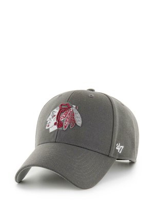 Gray baseball cap made of fabric, featuring an embroidered logo with a stylized face and feathers in red and silver on the front.
