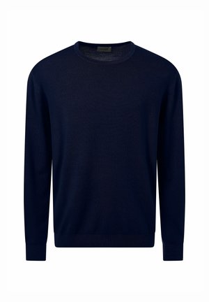 Navyblauw crewneck trui met lange mouwen en geribbelde manchetten en zoom, plat weergegeven op een witte achtergrond.