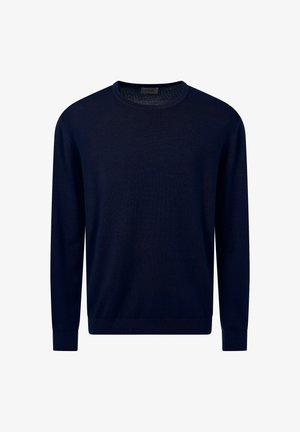 Navyblauw crewneck trui met lange mouwen en geribbelde manchetten en zoom, plat weergegeven op een witte achtergrond.