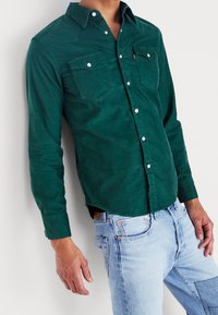 Camicia verde in velluto a coste con maniche lunghe, colletto a punta, due tasche sul petto e bottoni a pressione color argento, abbinata a jeans di jeans azzurri.