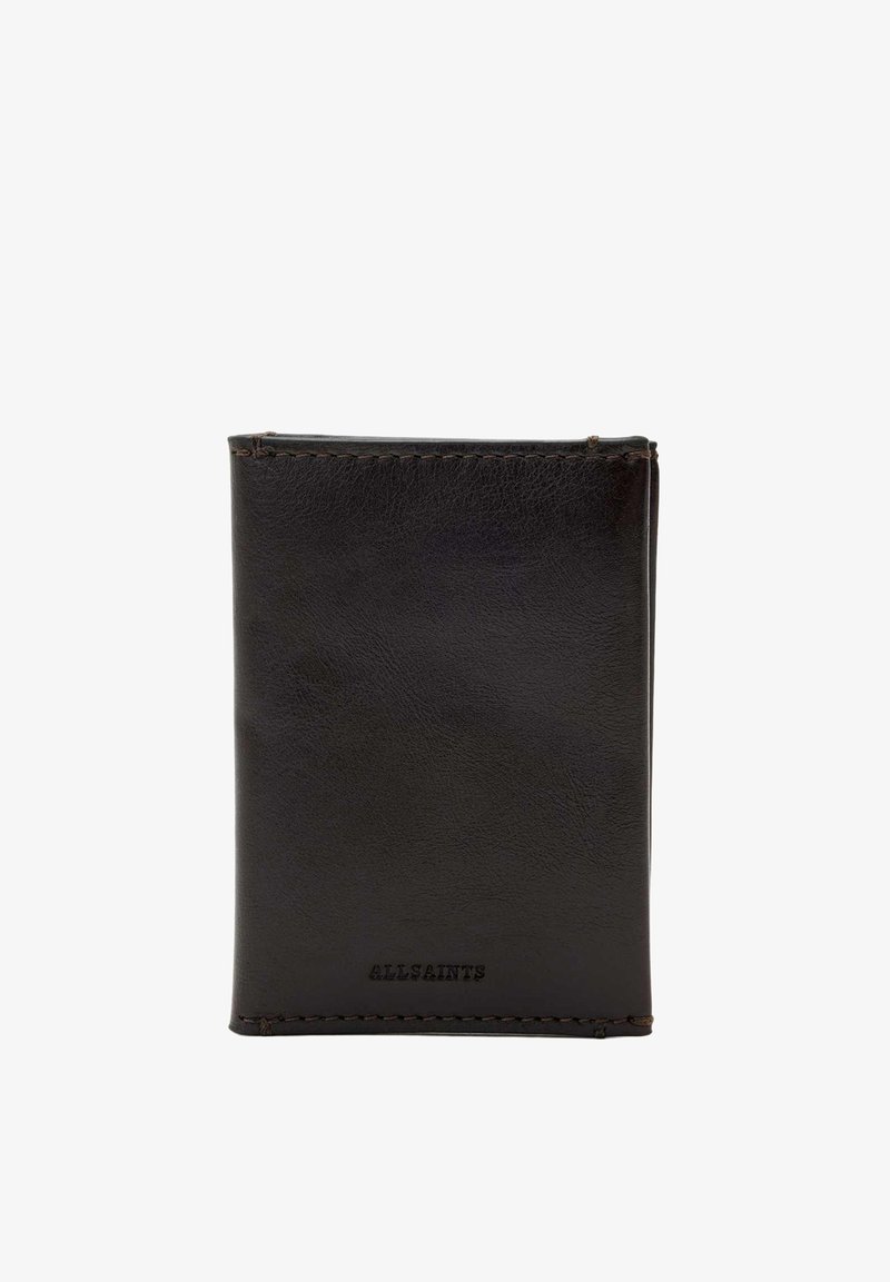 Portefeuille bifold en cuir noir avec coutures visibles et embossage discret de la marque "ALLSAINTS" au centre inférieur avant.