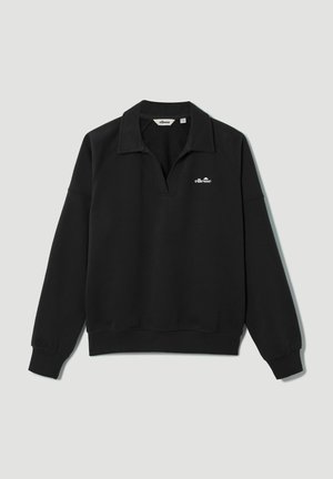 Pullover nero a maniche lunghe con collo aperto e logo bianco "ellesse" sul petto, mostrato su sfondo grigio chiaro.