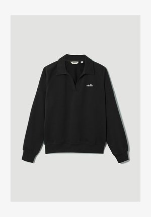 Zwarte pullover met lange mouwen, open kraag en wit "ellesse"-logo op de borst, weergegeven op een lichtgrijze achtergrond.