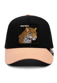 Crna i breskvasta kapa s vezem tigra i natpisom "PANTERA." Ima mrežastu pozadinu i dizajn s zakrivljenim vizirima.