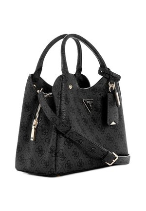 Borsa Guess nera con texture, doppi manici, tracolla regolabile, tasca laterale con zip e placca con logo triangolare sulla parte frontale.