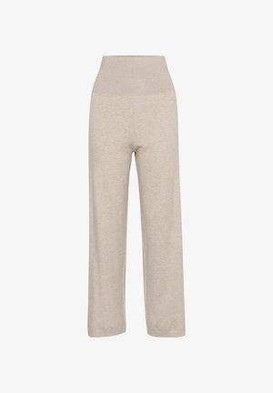 Pantalons beige clair, à taille mi-haute, fabriqués en tissu doux, présentant une taille large et une coupe droite. Pas de motifs ou accents visibles.