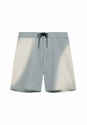 Costume da bagno grigio da uomo con motivi a onde sfumate bianche e coulisse nera in vita, mostrato su sfondo bianco.