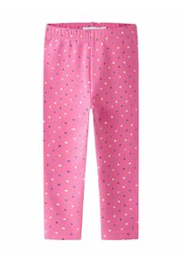 Roze leggings van zachte stof met een patroon van kleine, kleurrijke harten in blauw, wit en paars. Elastische tailleband, slim fit.