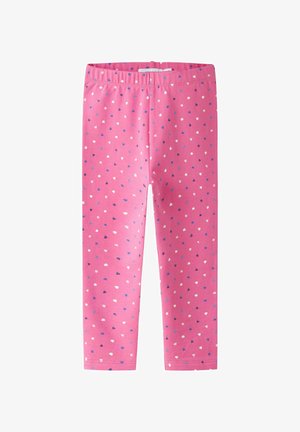 Roze leggings van zachte stof met een patroon van kleine, kleurrijke harten in blauw, wit en paars. Elastische tailleband, slim fit.