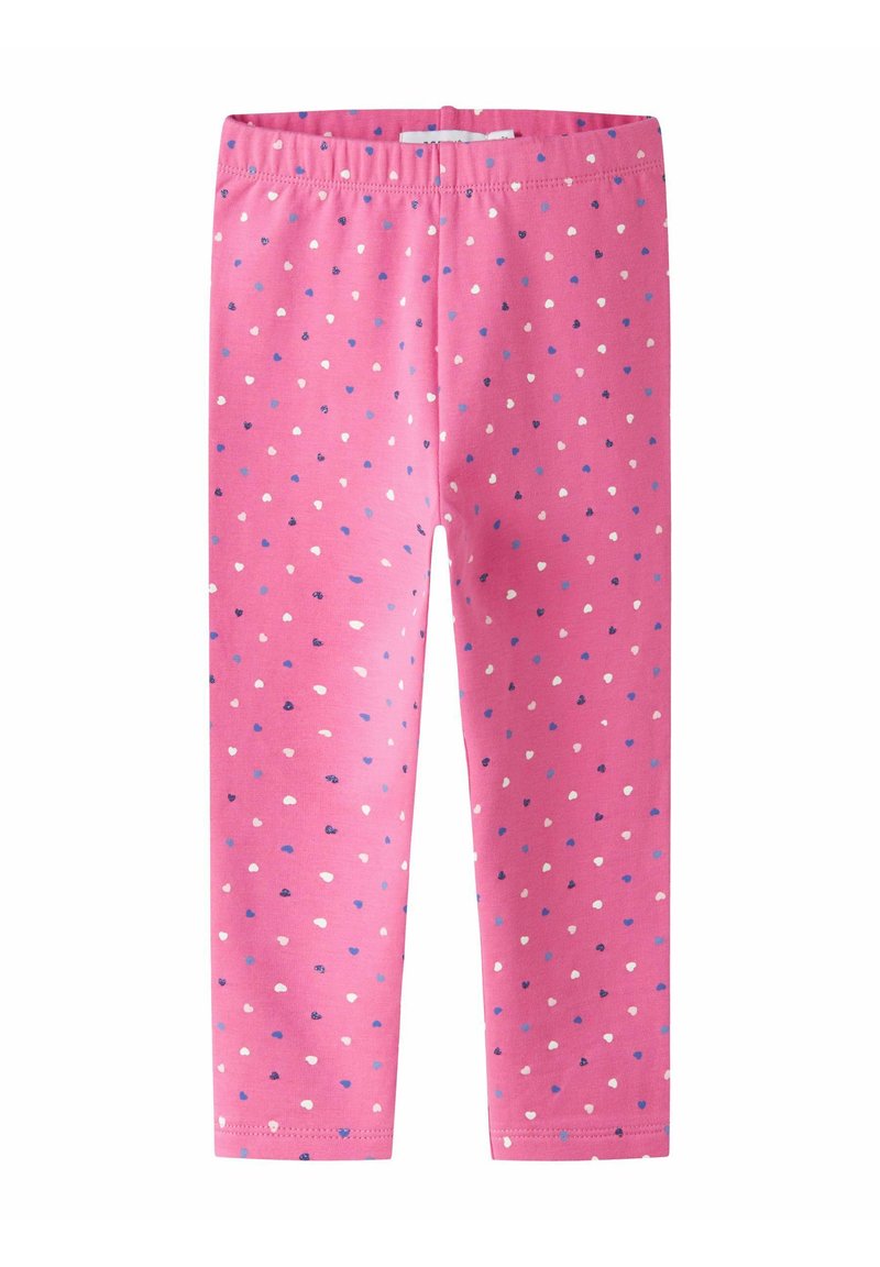 Roze leggings van zachte stof met een patroon van kleine, kleurrijke harten in blauw, wit en paars. Elastische tailleband, slim fit.