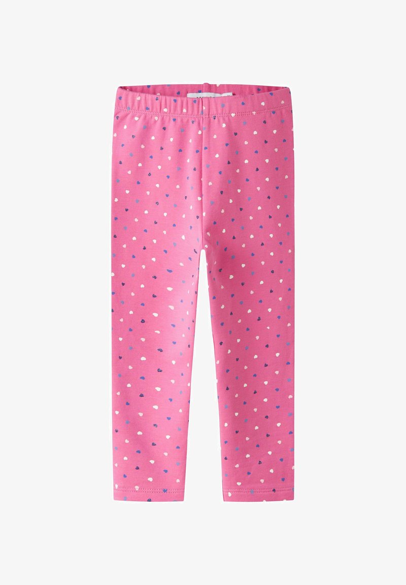 Roze leggings van zachte stof met een patroon van kleine, kleurrijke harten in blauw, wit en paars. Elastische tailleband, slim fit.