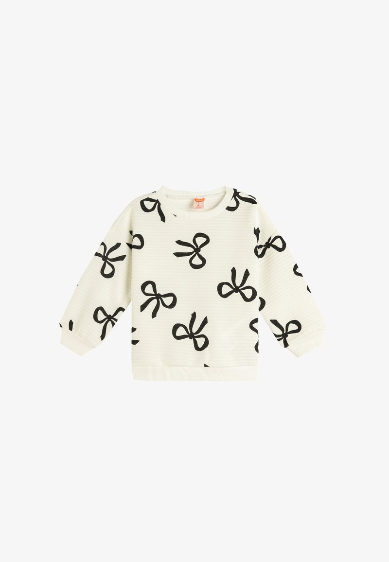 Witte sweatshirt met zwarte strikprint, geribbelde textuur, ronde hals en lange mouwen. Voorzien van elastische manchetten en tailleband.