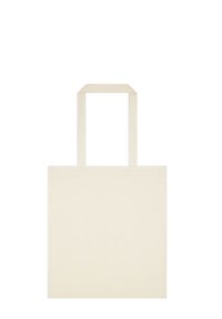 Beżowa torba tote o minimalistycznym designie, prostokątnym kształcie, płaskiej konstrukcji i dwóch płaskich uchwytach. Wykonana z trwałego materiału o gładkiej teksturze.