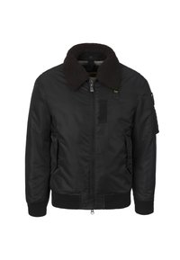 Giubbotto bomber nero con colletto in pelliccia sintetica, chiusura con zip, tasche laterali, polsini a coste e dettaglio a patch sulla manica.