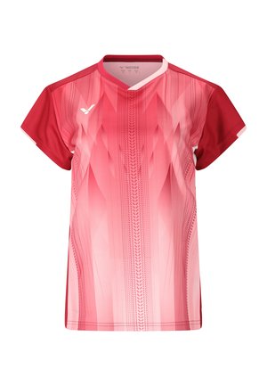 Rød og pink kortærmet sportstrøje med geometrisk gradientmønster og hvidt logo på øverste venstre bryst.