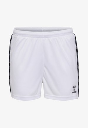 Weiße Sportshorts aus leichtem Material mit elastischem Bund, versehen mit schwarzen Seitenstreifen und einem kleinen Logo unten rechts.