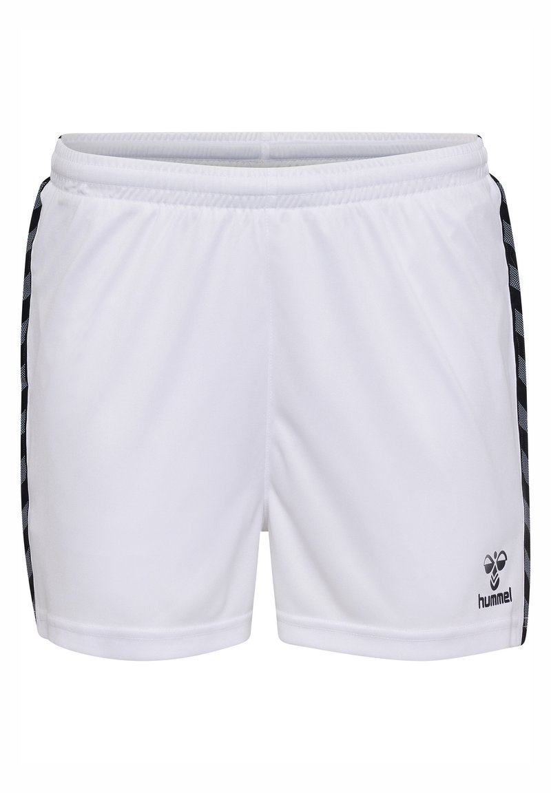 Weiße Sportshorts aus leichtem Material mit elastischem Bund, versehen mit schwarzen Seitenstreifen und einem kleinen Logo unten rechts.