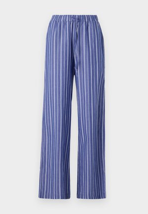 Blauwe en witte gestreepte wijde broek met een elastische tailleband, gemaakt van lichtgewicht stof, met een relaxed pasvorm en een zachte textuur.