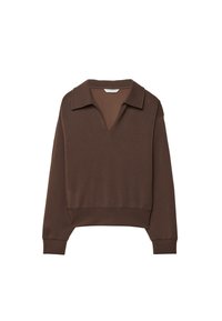 Pull marron avec un col en V et un col, présentant des manches longues et une coupe décontractée. Fabriqué en tissu doux avec une texture lisse.