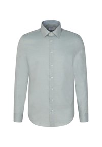 Camicia azzurra chiaro con maniche lunghe, colletto interno a scacchi e una texture liscia. Presenta un orlo dritto e sei bottoni.