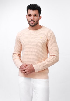 Suéter de punto en melocotón claro, con un patrón texturizado, cuello redondo, mangas largas y un pequeño logo amarillo en el pecho.