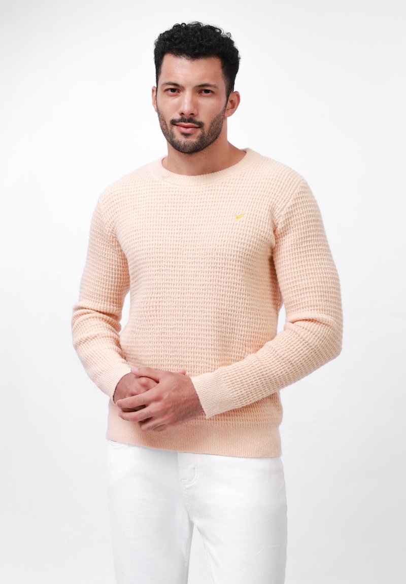 Pull en maille de couleur pêche clair, avec un motif texturé, un col rond, des manches longues et un petit logo jaune sur la poitrine.