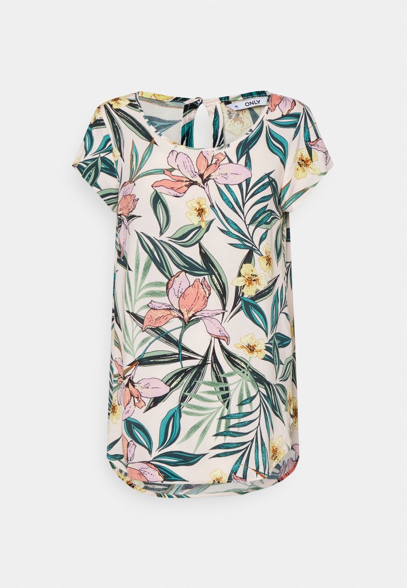 Blouse à manches courtes en tissu léger avec imprimé floral, présentant des fleurs roses et jaunes avec des feuilles vertes, un col rond et un détail en forme de clé à l'arrière.