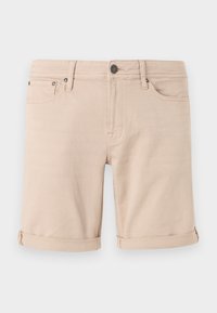 Shorts en jean beige à coupe droite, avec des revers roulés, deux poches avant et une petite poche arrière. Fabriqués en tissu solide.
