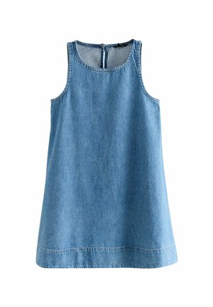 Ujjatlan, kék farmer ruha kerek nyakkivágással és hátsó cipzárral, egyszerű A-vonalú fazon, hétköznapi stílus.