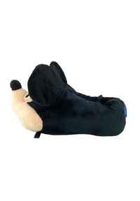 Cuscino nero in peluche a forma di topo da cartone animato con grandi orecchie e volto color crema. Tessuto morbido con una piccola etichetta blu sul lato.