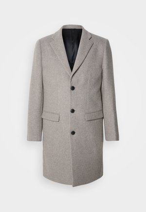 Manteau en laine gris clair au design ajusté, avec des revers crantés et trois boutons noirs. Il dispose de deux poches avant et d'une doublure noire.