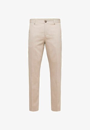 Pantalons beiges en tissu léger avec une coupe droite. Dotés d'une fermeture à un bouton et de poches avant avec une texture lisse.