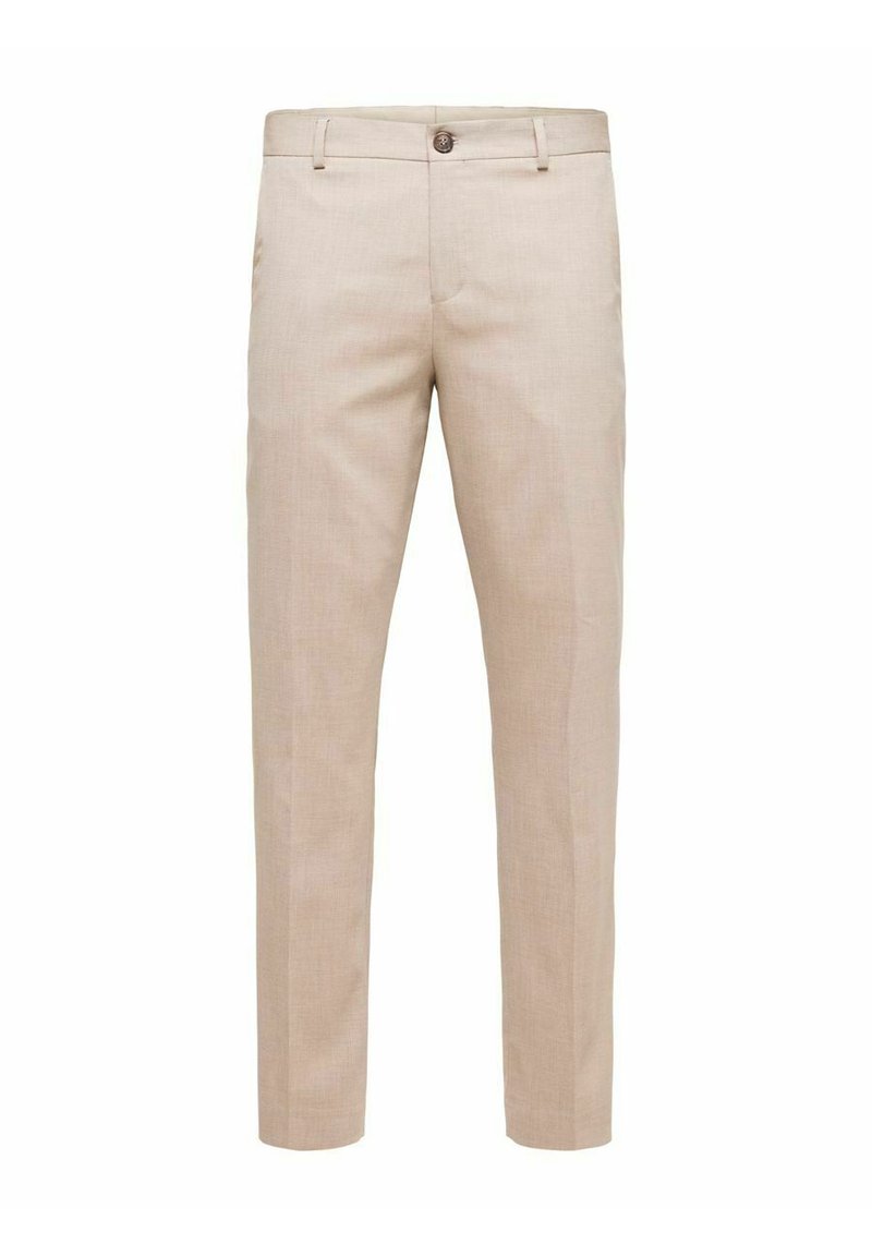 Pantalons beiges en tissu léger avec une coupe droite. Dotés d'une fermeture à un bouton et de poches avant avec une texture lisse.