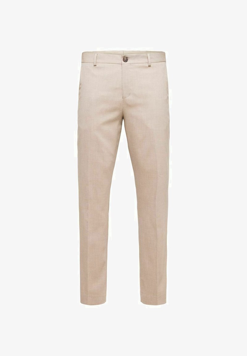 Beige dress pants in a straight-leg design. Made of lightweight fabric, featuring a single button closure and front pockets with a smooth texture.