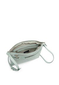 Svetlo met zeleno usnjeno torbico za čez ramo z zadrgo, več predelki in trak. Gladka tekstura in srebrni dodatki.