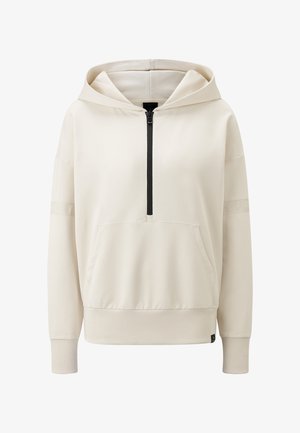Light beige hooded sweatshirt with a half-zip front, kangaroo pocket, and ribbed cuffs. Features embossed logo on the sleeve. Smooth texture.