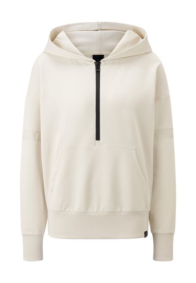 Hellbeige Kapuzenpullover mit einem halben Reißverschluss vorne, Kängurutasche und gerippten Bündchen. Mit geprägtigem Logo auf dem Ärmel. Glatte Textur.