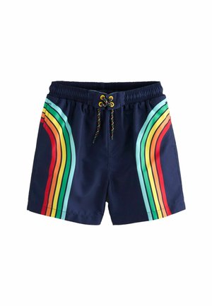 Pantaloni da bagno blu navy con una morbida cintura elastica. Presentano motivi a strisce colorate e audaci in rosso, arancione, giallo, verde e blu. Stringhe con perline decorative.