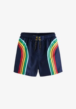 Tengerész stílusú úszónadrág puha, rugalmas derékrésszel. Élénk, színes csíkozott mintázata van piros, narancs, sárga, zöld és kék színekben. Díszgyöngyökkel ellátott zsinórok.