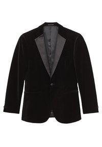 Sort fløjls blazer til mænd med en enkelt knap, satin peak revers og frontlommer, vist mod en hvid baggrund.