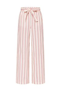 Weit geschnittene Hosen mit einem Kordelzugbund, aus leichtem Stoff gefertigt. Sie sind mit vertikalen Streifen in pink, orange und cremigen Farben versehen.